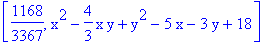 [1168/3367, x^2-4/3*x*y+y^2-5*x-3*y+18]
